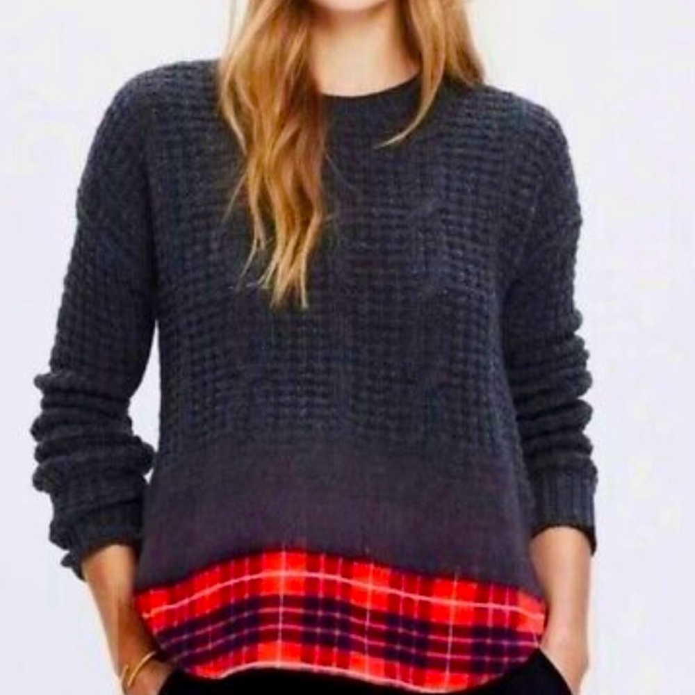 Madewell Winter-mix Cable Knit Wool Red Check Plaid  High Low Sweater size small